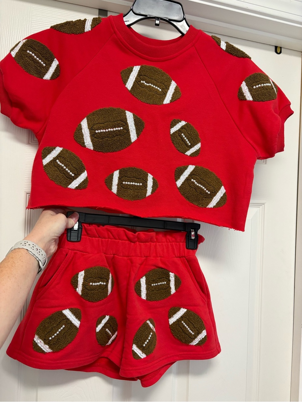 QOS Queen of Sparkles Girl’s Youth Red Football Appliqué Short Set Sequins M/L